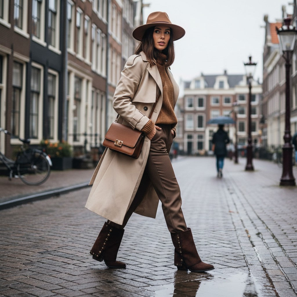 So and Ro - shoes and more - Geraldina donkerbruine microsuède laarzen met omslag en gouden knopen in een stadsstraat