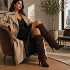 So and Ro - shoes and more - Rebecca kniehoge bruine microsuede laarzen met kitten heel gedragen door een model