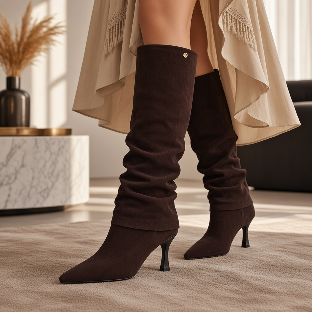 So and Ro - shoes and more - Rebecca kniehoge bruine microsuede laarzen met een elegante kitten heel en slouchy pasvorm