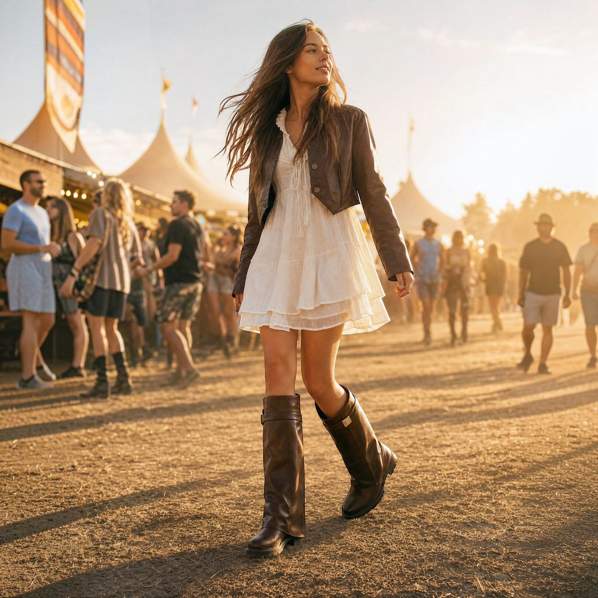 So and Ro - shoes and more - Soof Boot in donkerbruin PU-leder met gouden gesp en omslag op een festivalterrein.