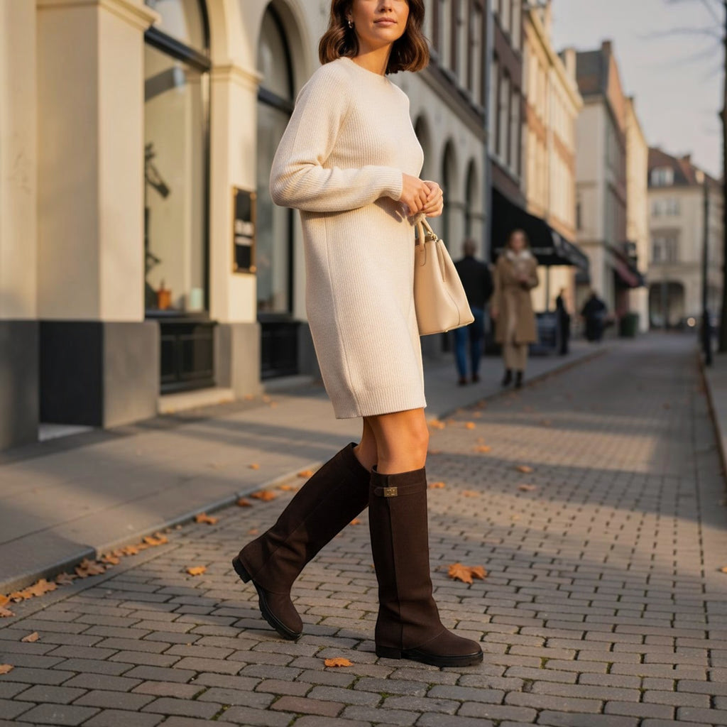 So and Ro - shoes and more - Soof Boot in donkerbruin suède met gouden gesp en grove zool, gedragen door een model.