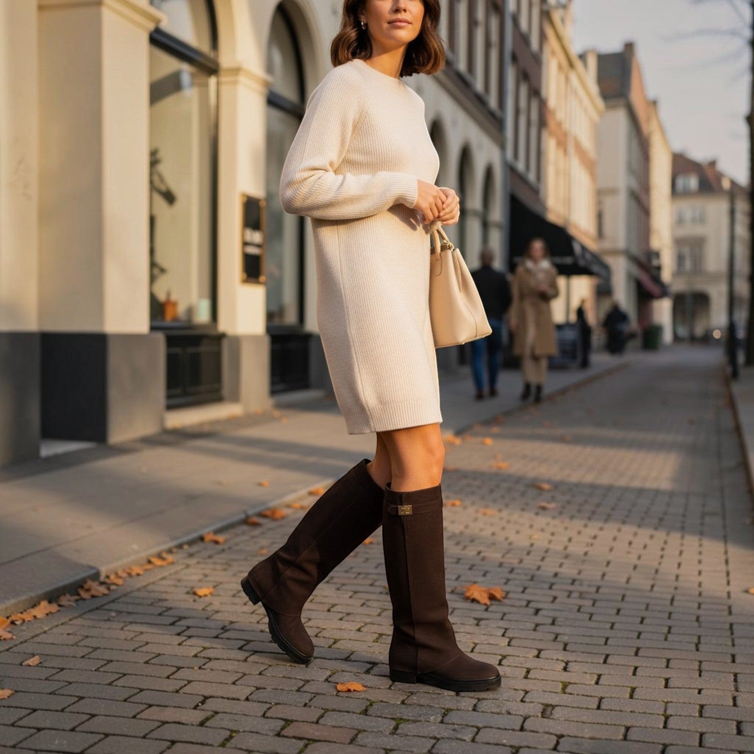 So and Ro - shoes and more - Soof Boot in donkerbruin suède met gouden gesp en grove zool, gedragen door een model.