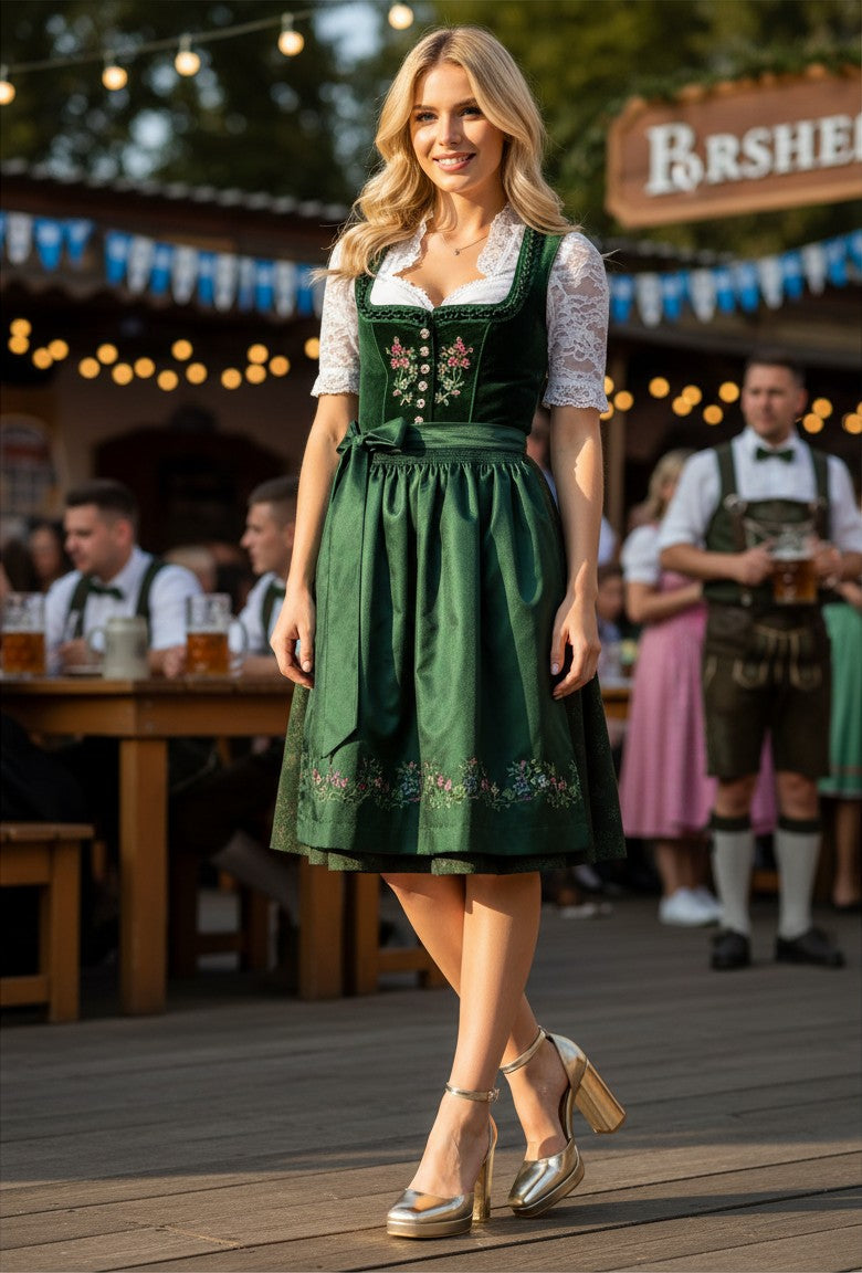 So and Ro - shoes and more - Mia gouden plateaupumps met blokhak en enkelbandje onder een traditionele dirndl jurk
