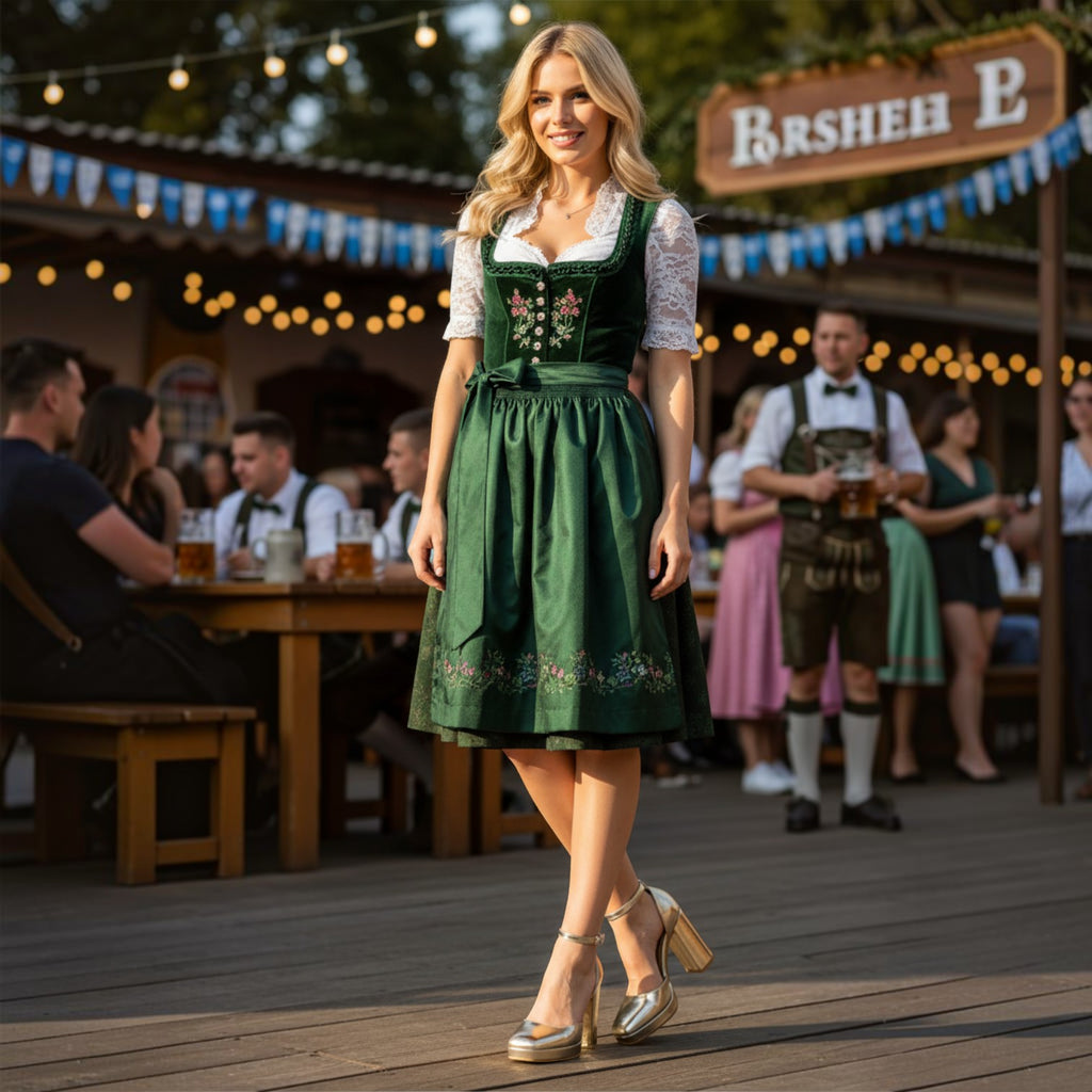 So and Ro - shoes and more - Mia gouden plateaupumps met blokhak en enkelbandje onder een traditionele dirndl jurk