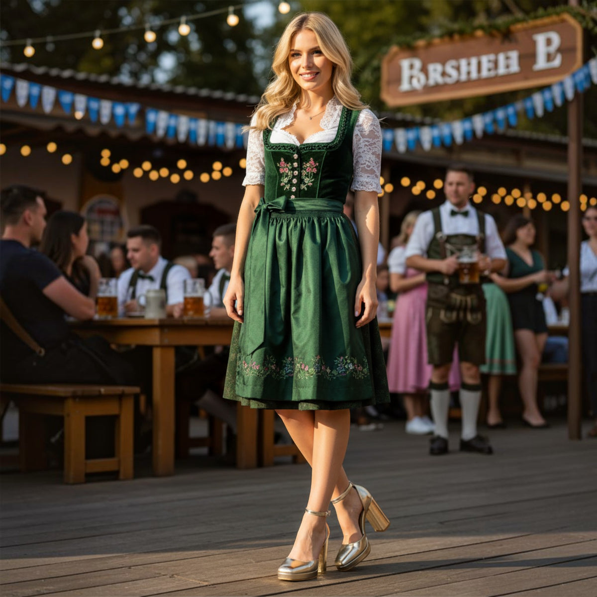 So and Ro - shoes and more - Mia gouden plateaupumps met blokhak en enkelbandje onder een traditionele dirndl jurk