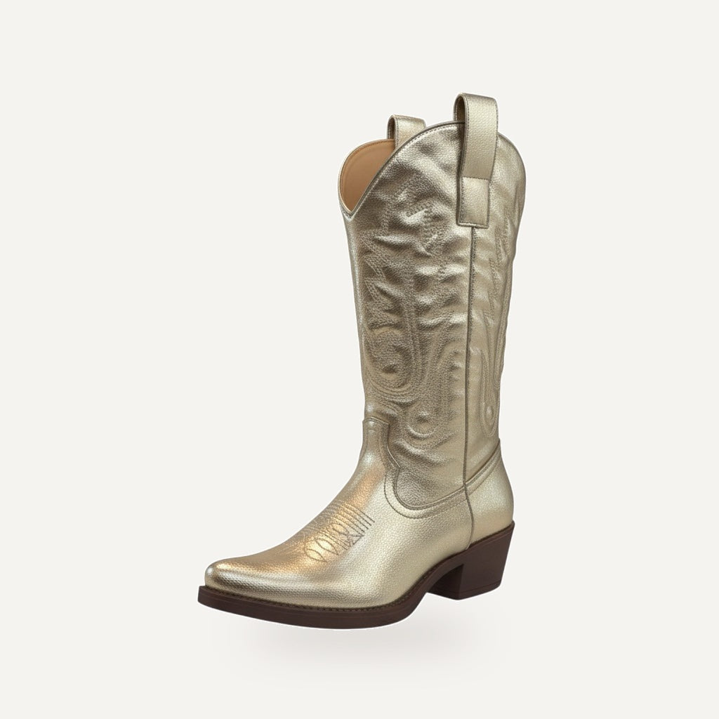 So and Ro - shoes and more gouden western laarzen met lage hak en borduursels