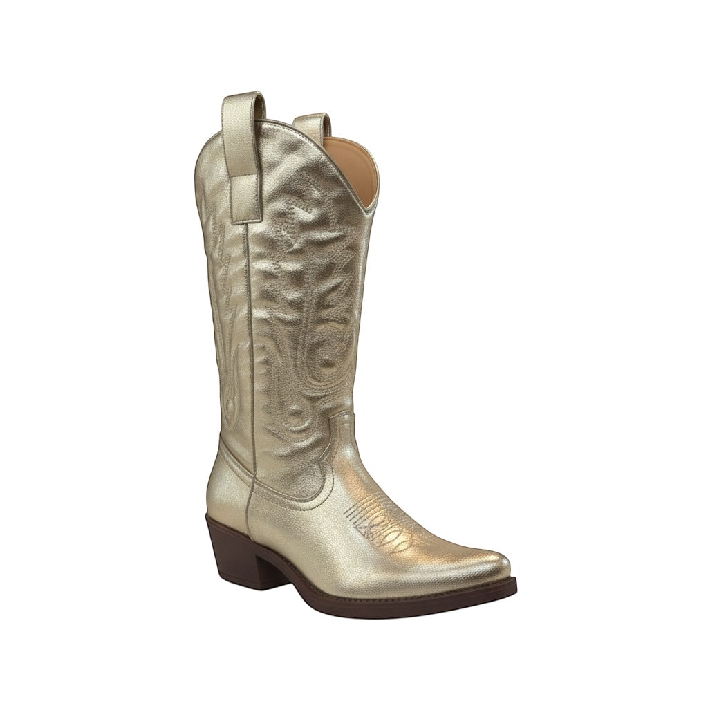 So and Ro - shoes and more - Gouden western laarzen met lage hak en klassieke borduursels, perfect voor festivals.