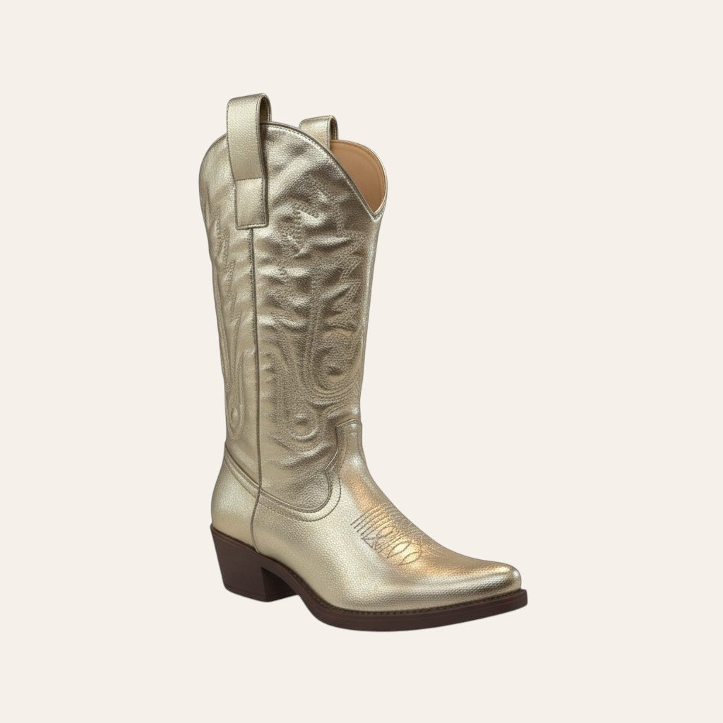 So and Ro - shoes and more - gouden western festival laarzen met lage blokhak en klassieke borduurdetails
