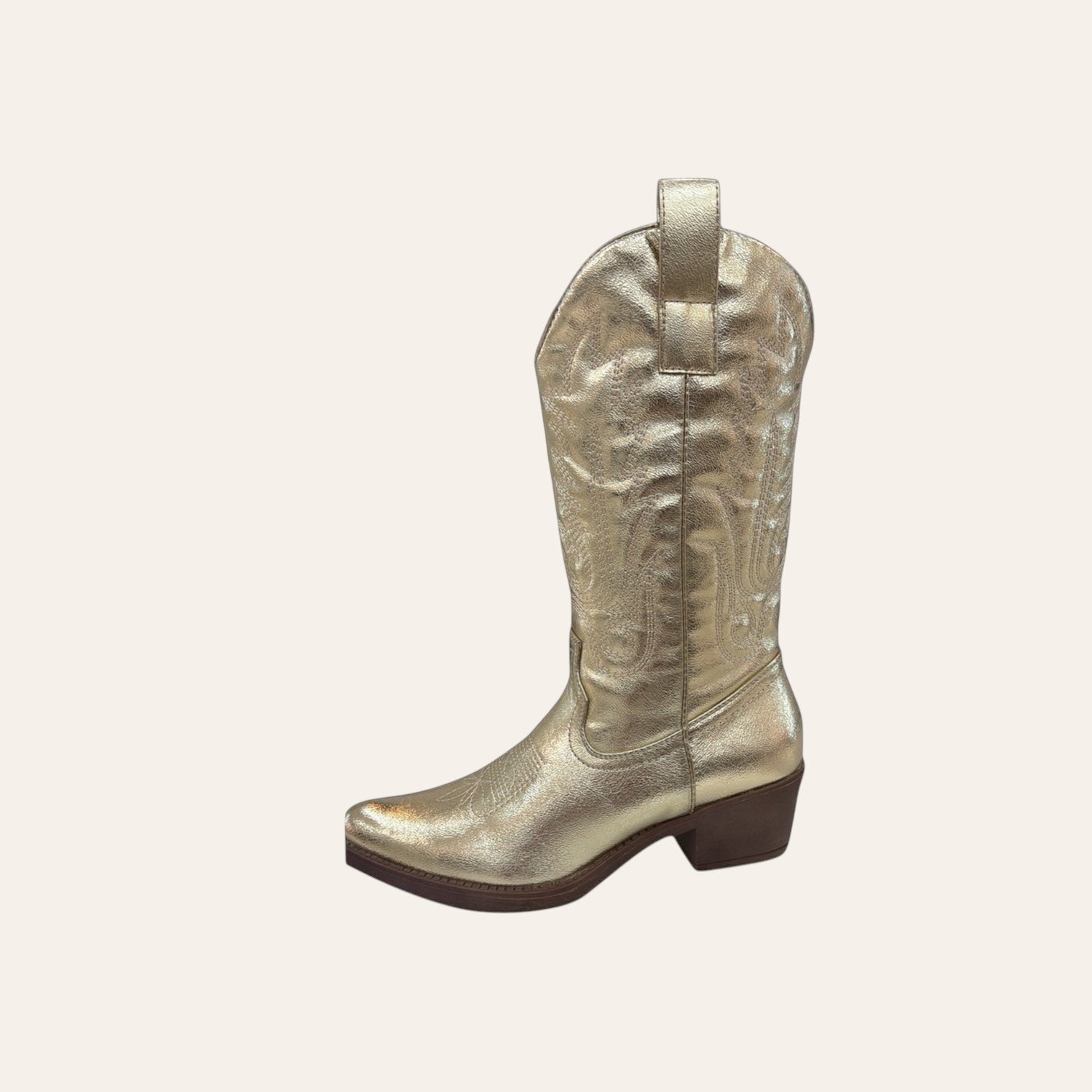 So and Ro - shoes and more - gouden western festival laarzen met lage blokhak en klassieke borduurdetails