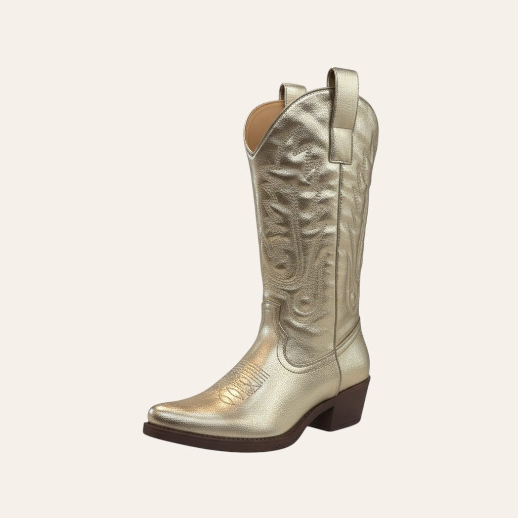 So and Ro - shoes and more - gouden western festival laarzen met lage blokhak en klassieke borduurdetails