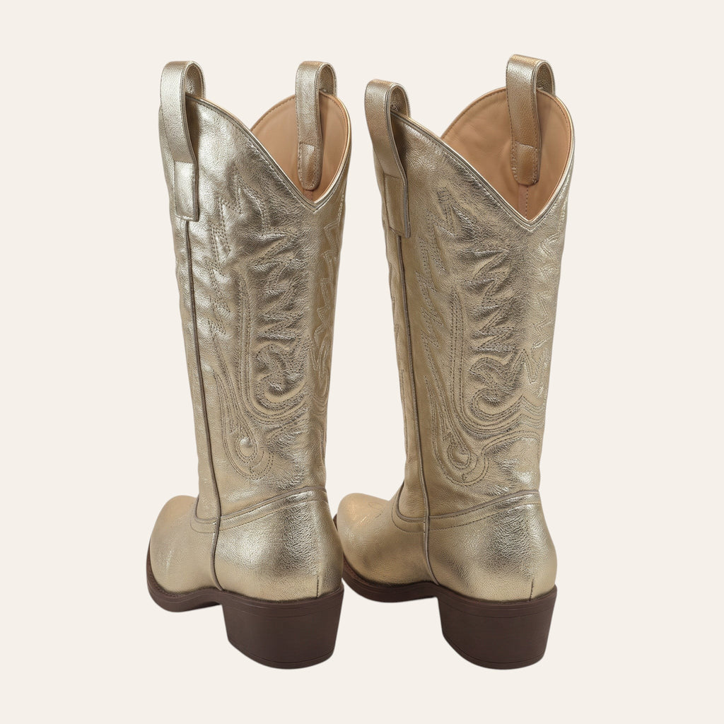 So and Ro - shoes and more - gouden western festival laarzen met borduurdetails en lage blokhak, achterkant aanzicht.
