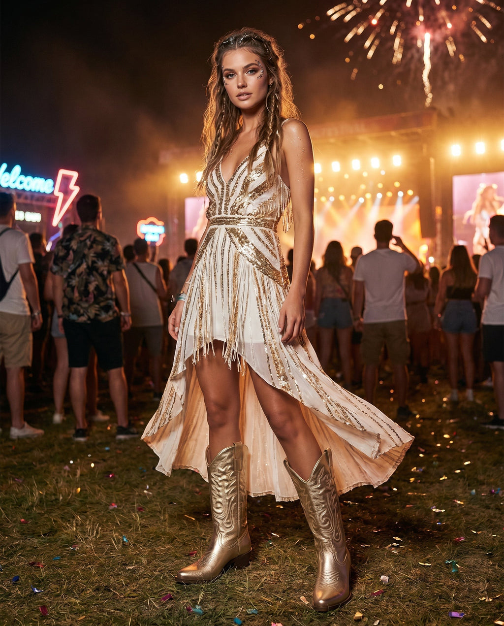 So and Ro - shoes and more - gouden western festival laarzen met borduurdetails gedragen door vrouw op een muziekfestival