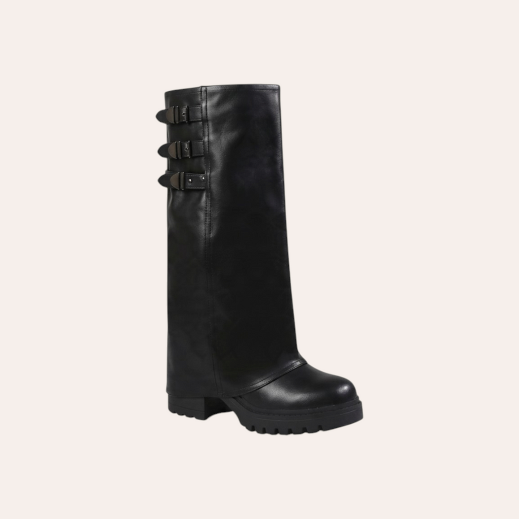 So and Ro - shoes and more - Josephine hoge zwarte bikerlaars in lederlook met gespen en grove profielzool
