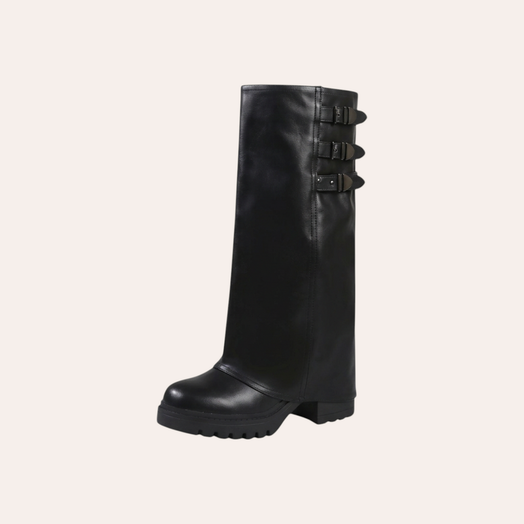So and Ro - shoes and more - Josephine hoge zwarte bikerlaars in lederlook met gespen en grove profielzool