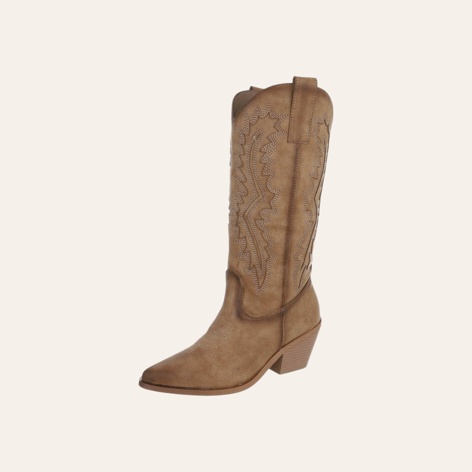 So and Ro - shoes and more - Christine kniehoge khaki cowboylaarzen van lederlook met gedetailleerd stiksel en blokhak