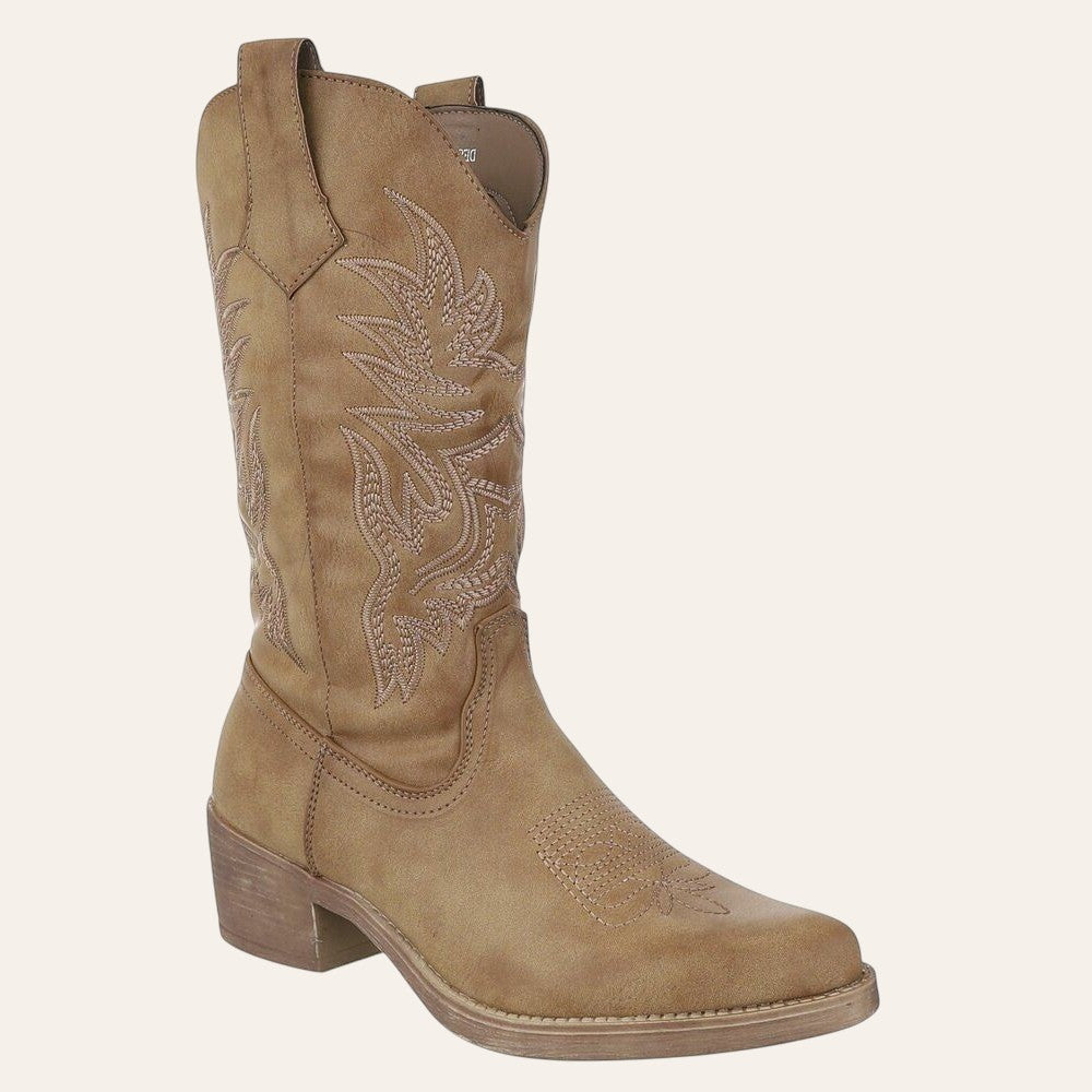 So and Ro - shoes and more - Carla khaki cowboylaarzen met geborduurde western details en een blokhak.