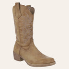 So and Ro - shoes and more - Carla khaki cowboylaarzen met geborduurde western motieven en een lage blokhak
