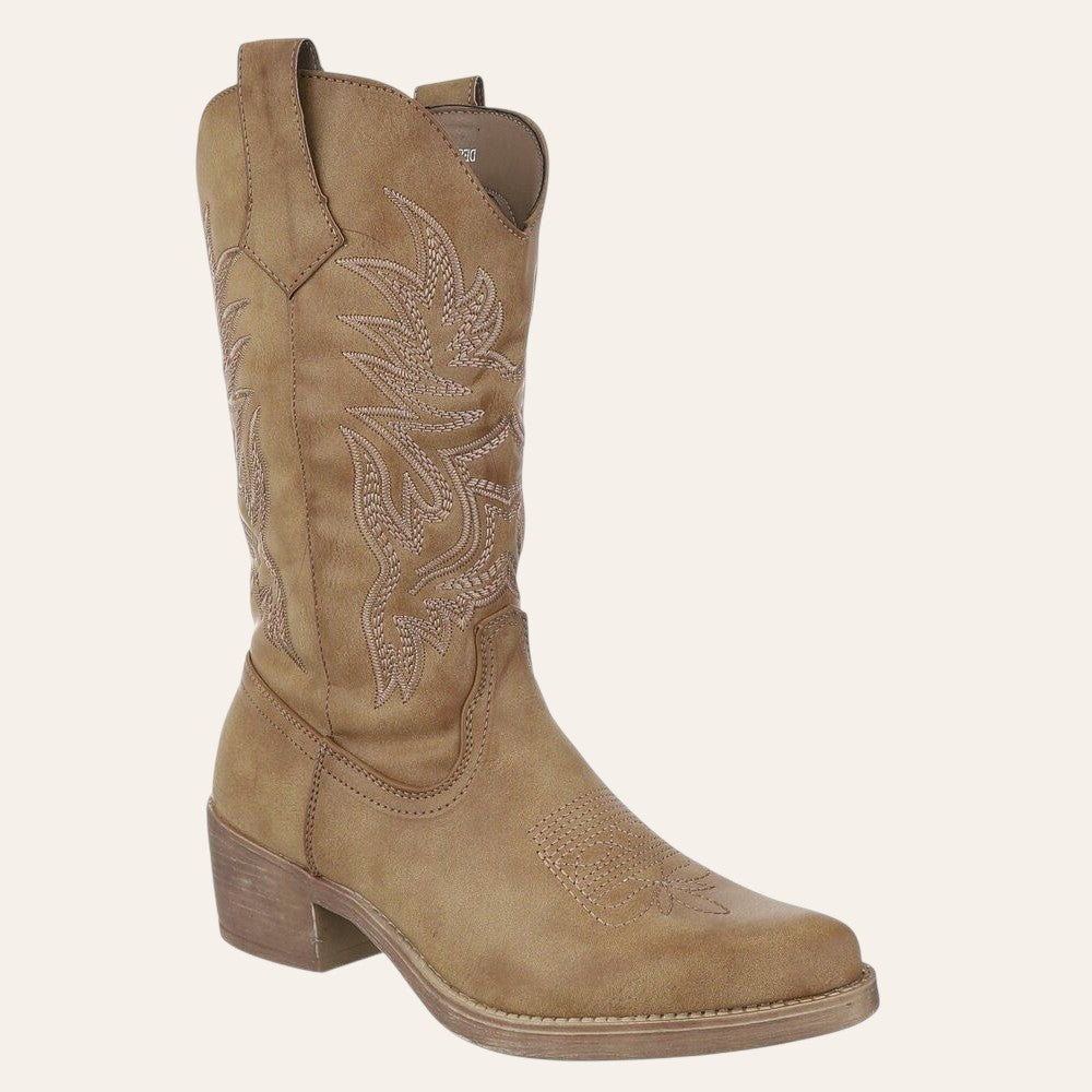 So and Ro - shoes and more - Carla khaki cowboylaarzen met geborduurde western motieven en een lage blokhak