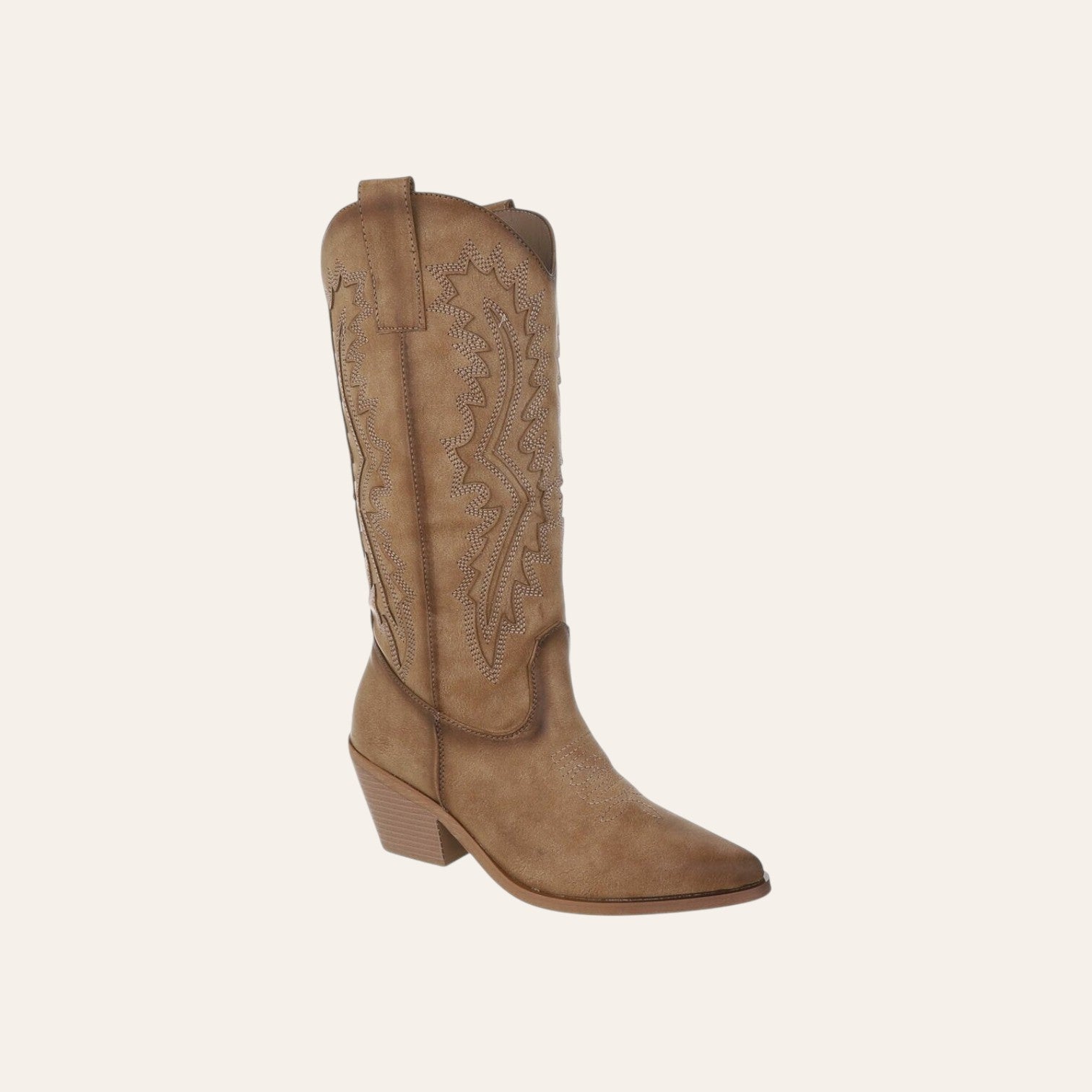 So and Ro - shoes and more - Christine kniehoge khaki cowboylaarzen met western borduursels en blokhak