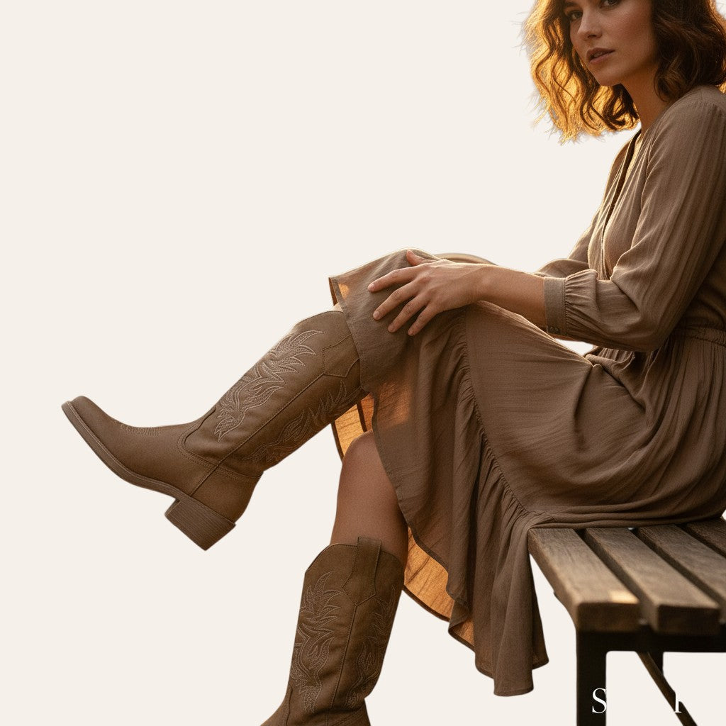 So and Ro - shoes and more - Carla khaki cowboylaarzen met western borduursels en blokhak gedragen door een vrouw.