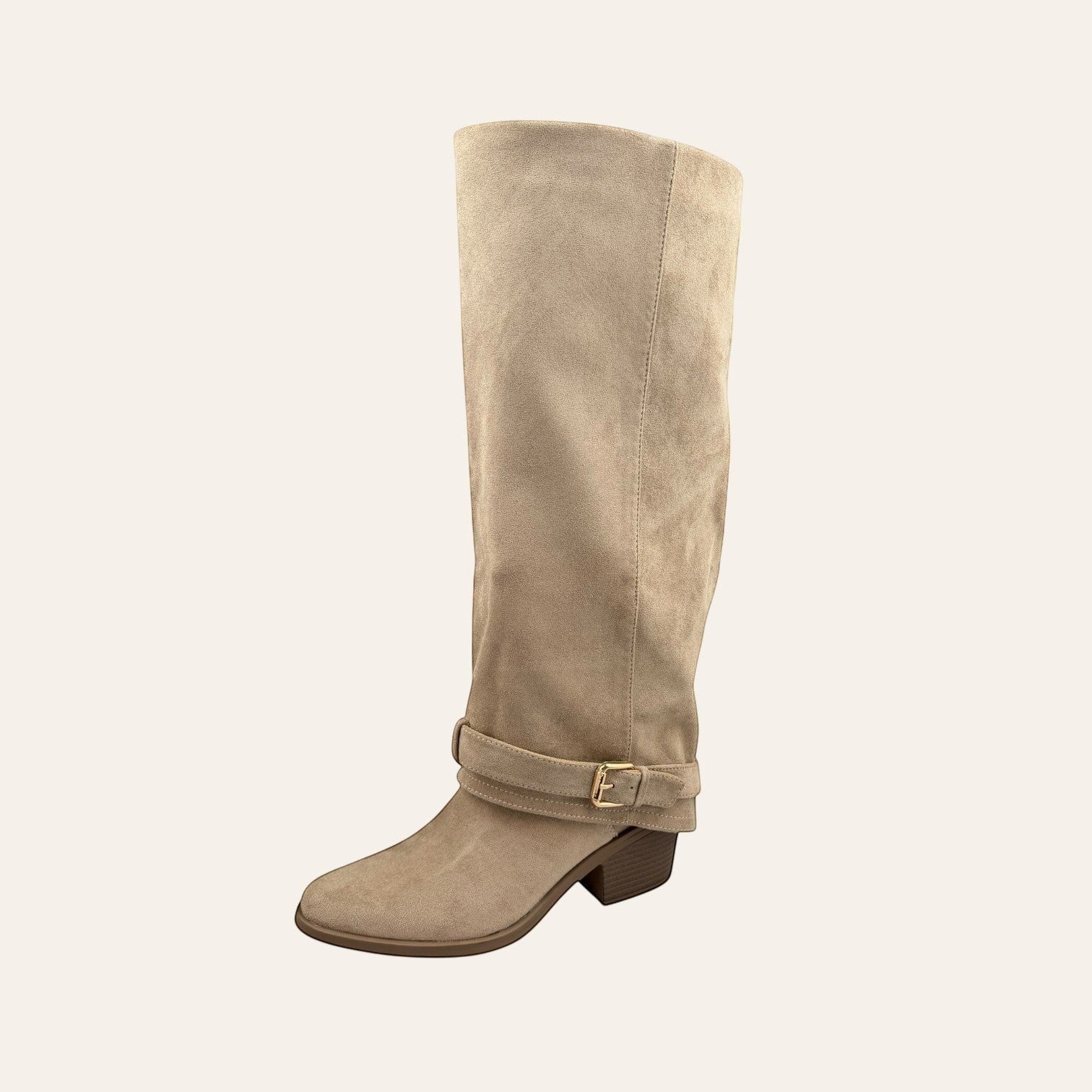 So and Ro - shoes and more - Toos laars in khaki microsuède met lage blokhak en decoratieve gouden enkelgesp