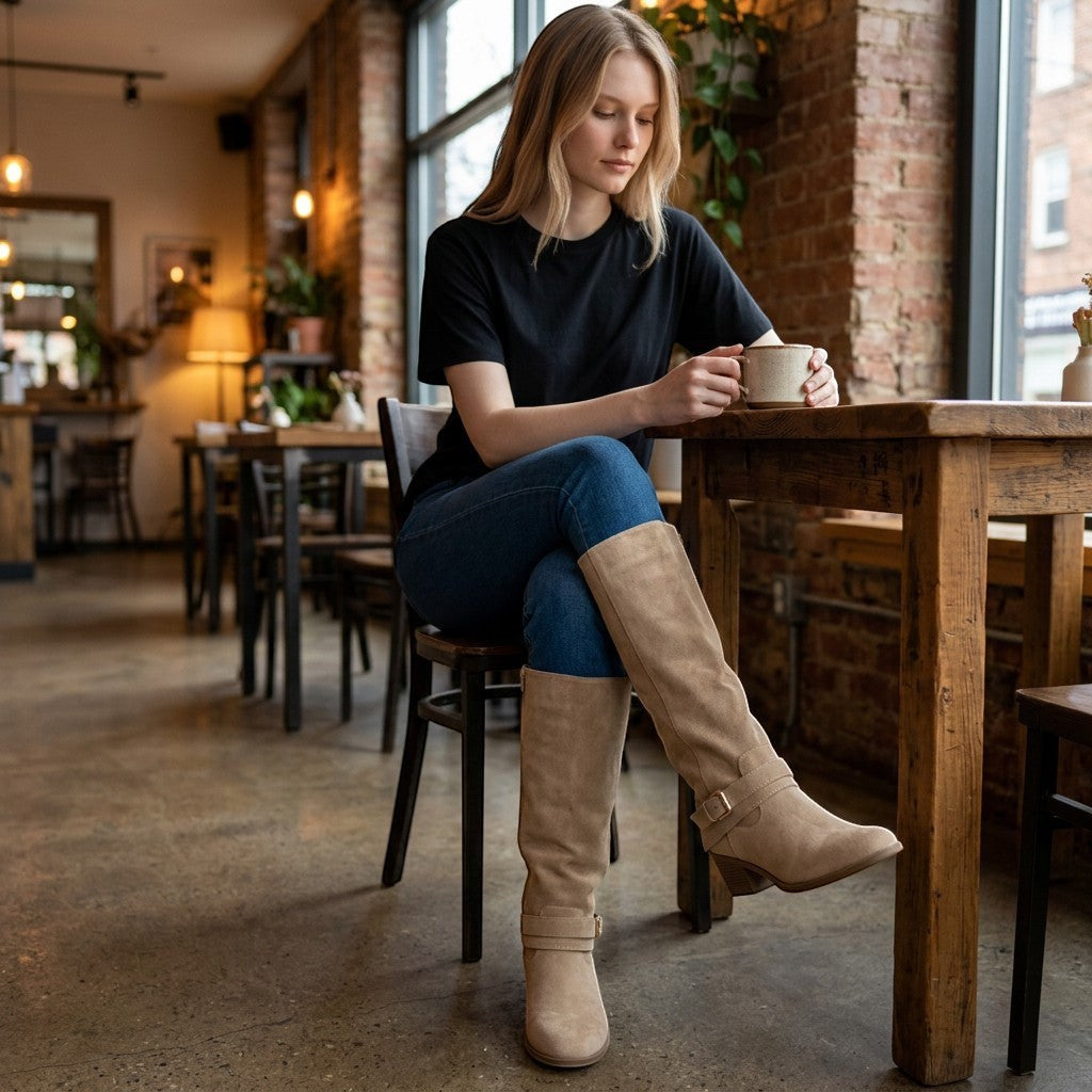 So and Ro - shoes and more - Toos dameslaars in khaki microsuède met blokhak en gouden gesp gedragen in een café.