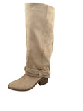 So and Ro - shoes and more - Toos dameslaars in khaki microsuède met blokhak en gouden gesp detail