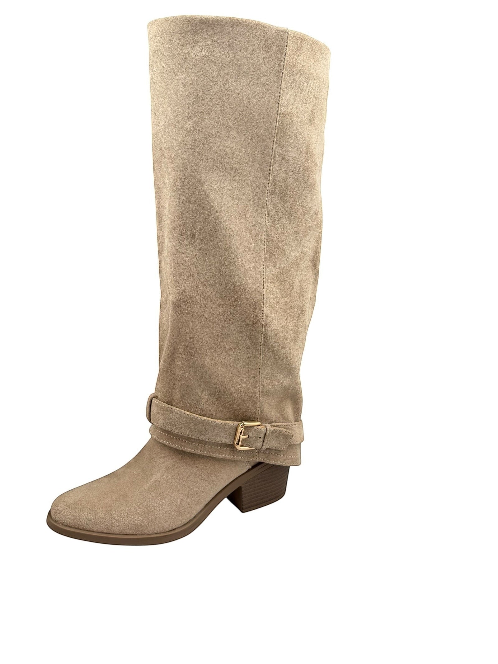So and Ro - shoes and more - Toos dameslaars in khaki microsuède met blokhak en gouden gesp detail
