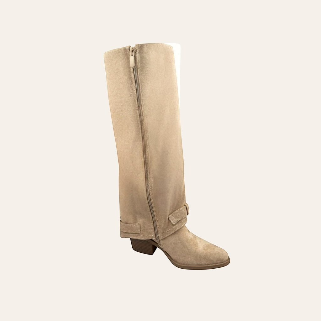 So and Ro - shoes and more - Toos dameslaars in khaki microsuède met blokhak en ritssluiting aan de zijkant