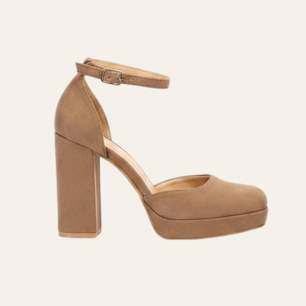 So and Ro - shoes and more - Mia plateaupump in khaki microsuède met hoge blokhak en verstelbaar enkelbandje