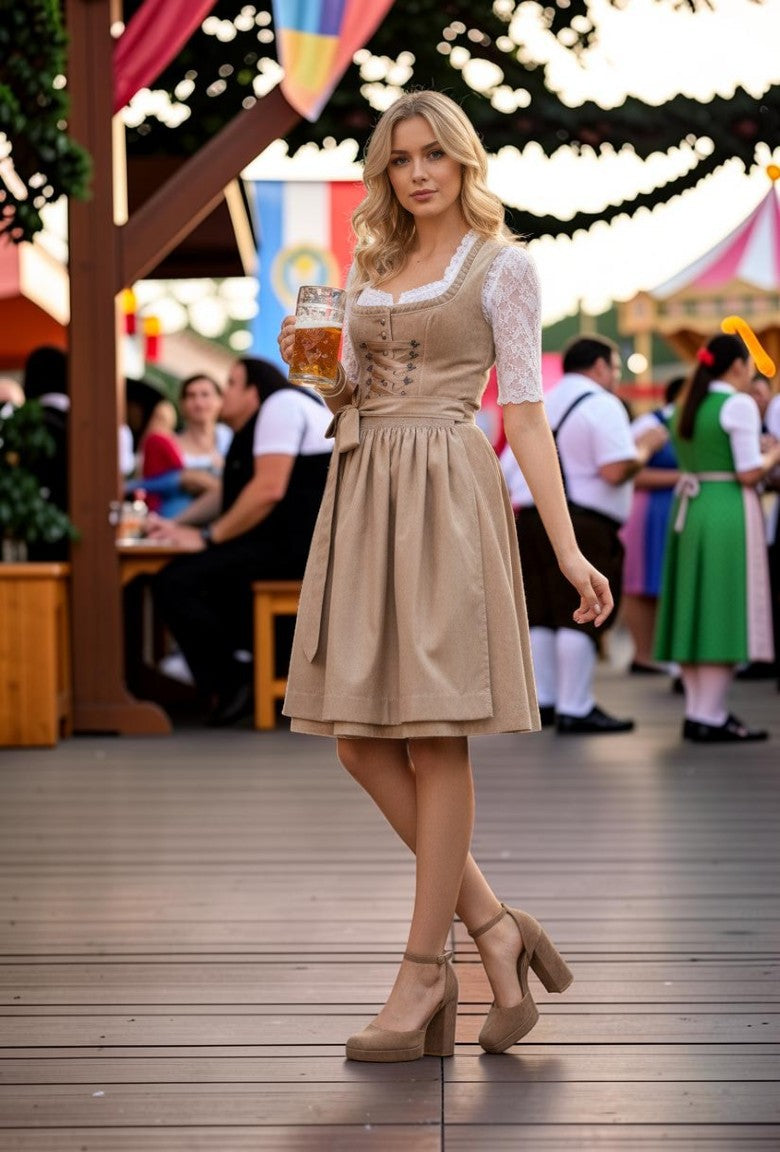 So and Ro - shoes and more - Mia khaki microsuède plateaupumps met blokhak gedragen onder een Dirndl op een feest.