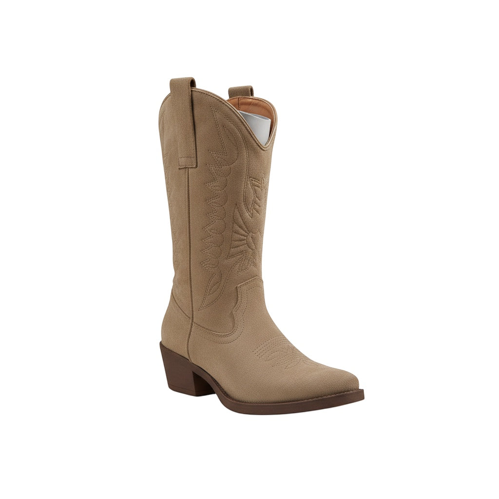 So and Ro - shoes and more - Khaki western festival boots met lage hak en borduursels