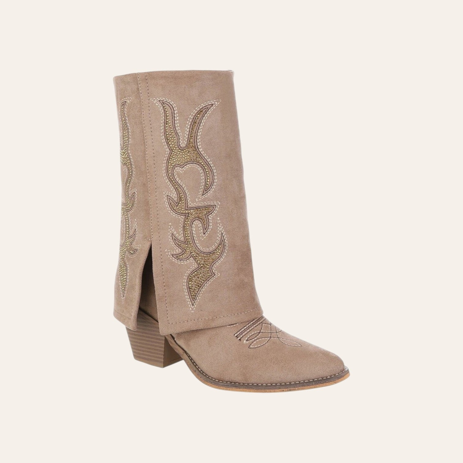 So and Ro - shoes and more - Cleo khaki western laars met goudkleurig borduursel en verstelbare omslag
