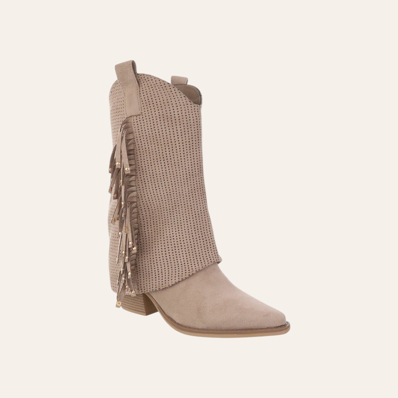 So and Ro - shoes and more - Charlot khaki western laars van geperforeerd microsuède met franjes en goudkleurige studs