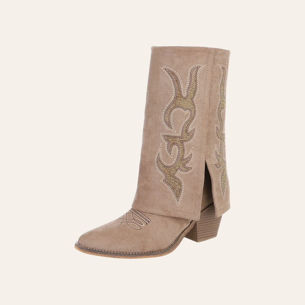 So and Ro - shoes and more - Cleo khaki western laars met goudkleurig borduursel en verstelbare omslag