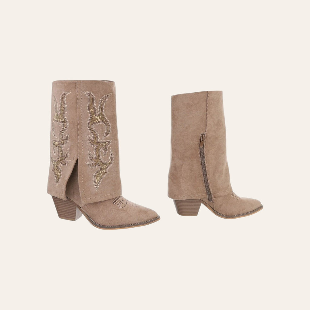 So and Ro - shoes and more - Cleo khaki western laarzen met omslag, goudkleurig borduursel en blokhak.
