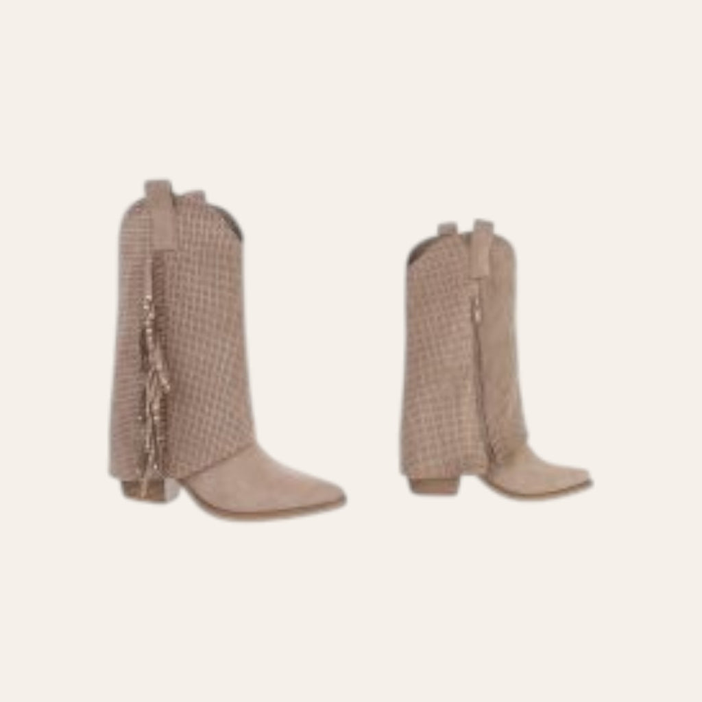 So and Ro - shoes and more - Charlot khaki western laarzen van geperforeerd microsuède met franjes en goudkleurige studs