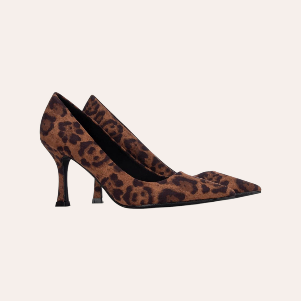 So and Ro - shoes and more - Stephanie stiletto pumps in bruine microsuède met een opvallende leopardprint en spitse neus