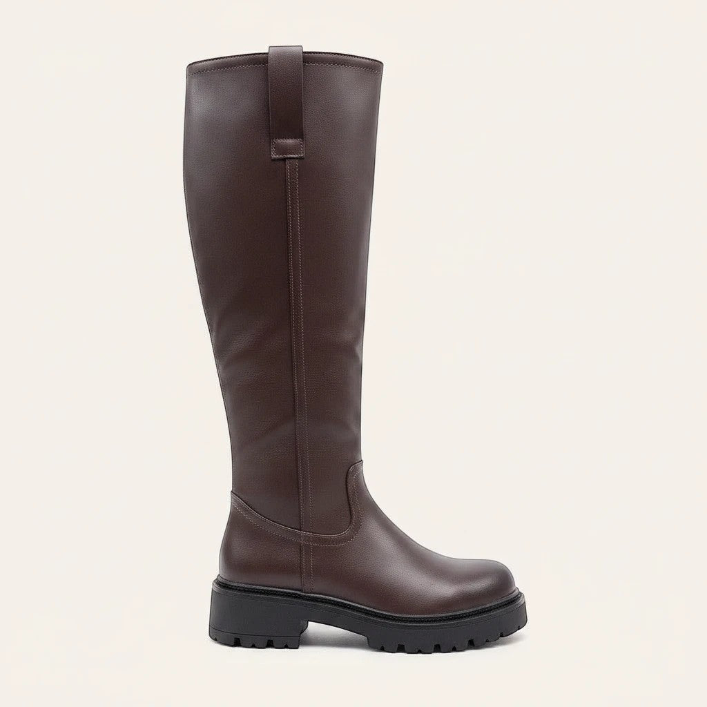 So and Ro - shoes and more - Lina kniehoge laars in donkerbruin lederlook met robuuste profielzool