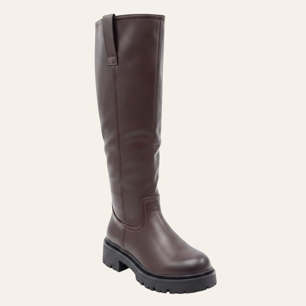 So and Ro - shoes and more - Lina kniehoge laars in donkerbruin lederlook met robuuste profielzool