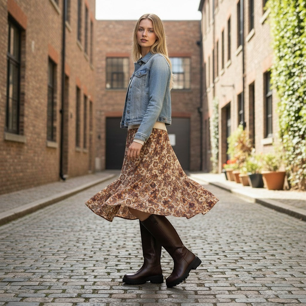So and Ro - shoes and more - Lina kniehoge laarzen in donkerbruin lederlook met robuuste profielzool gedragen door model