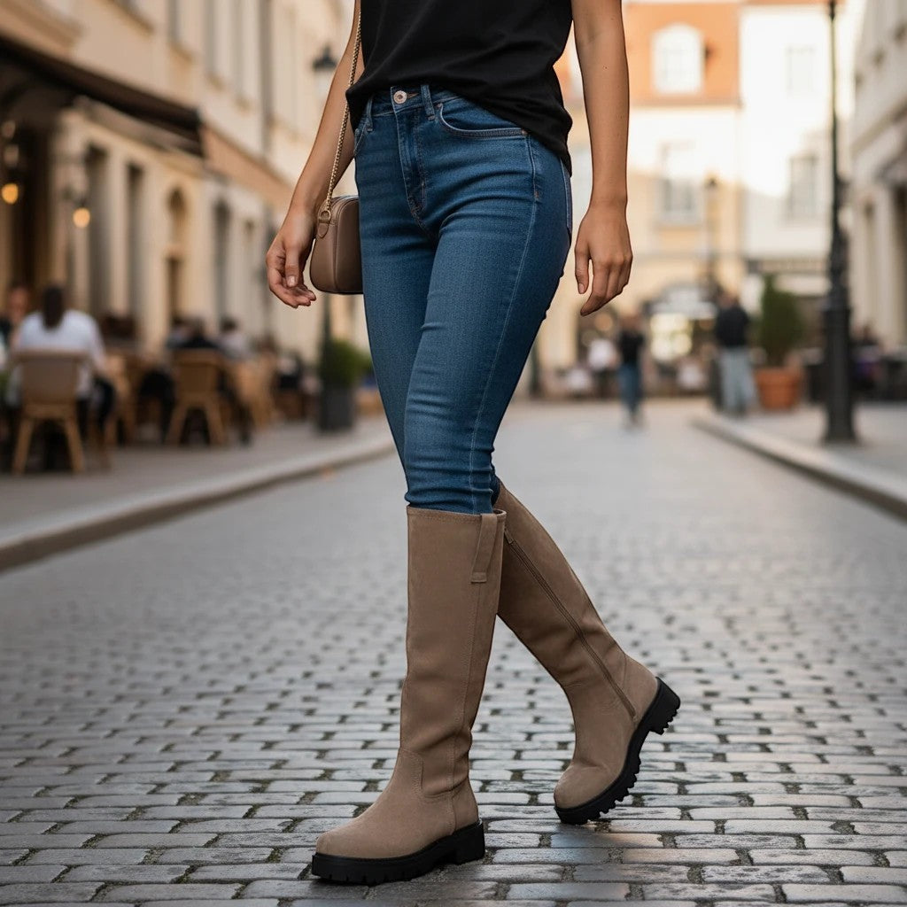 So and Ro - shoes and more - Lina kniehoge laarzen in taupe microsuède met robuuste zwarte profielzool op straat