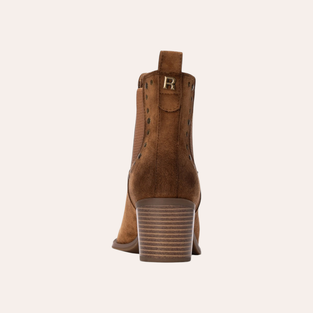 So and Ro - shoes and more - REFRESH Melissa bruine western enkellaarsjes met blokhak, studs en suède-look achterkant