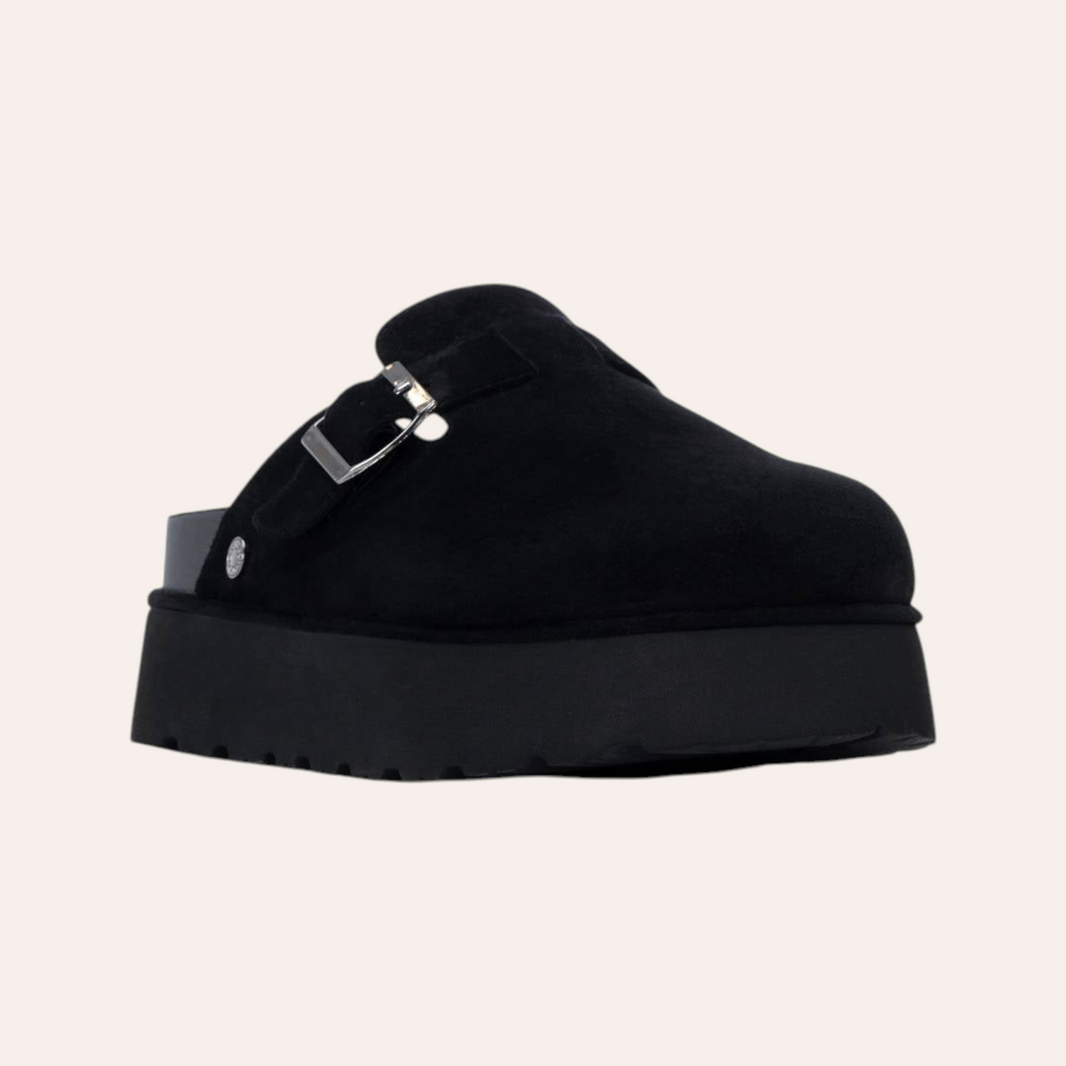 So and Ro - shoes and more - REFRESH Sammie zwarte dames pantoffels met plateauzool en zilverkleurige gesp