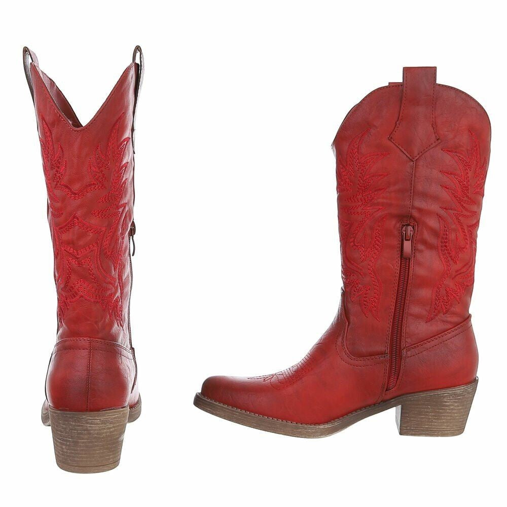 So and Ro - shoes and more - Carla rode cowboylaarzen in lederlook met western borduurwerk en blokhak