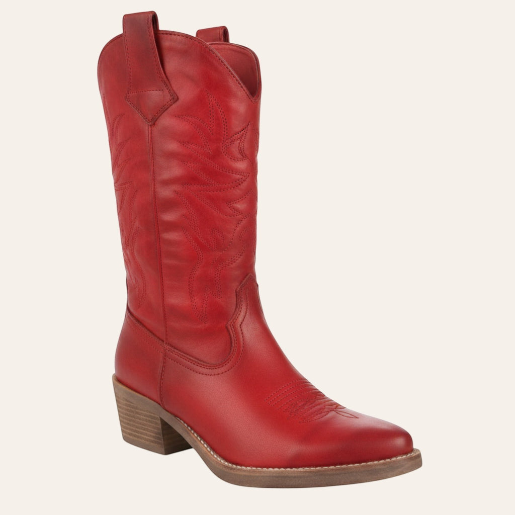 So and Ro - shoes and more - Carla rode cowboylaarzen in lederlook met western borduurwerk en blokhak