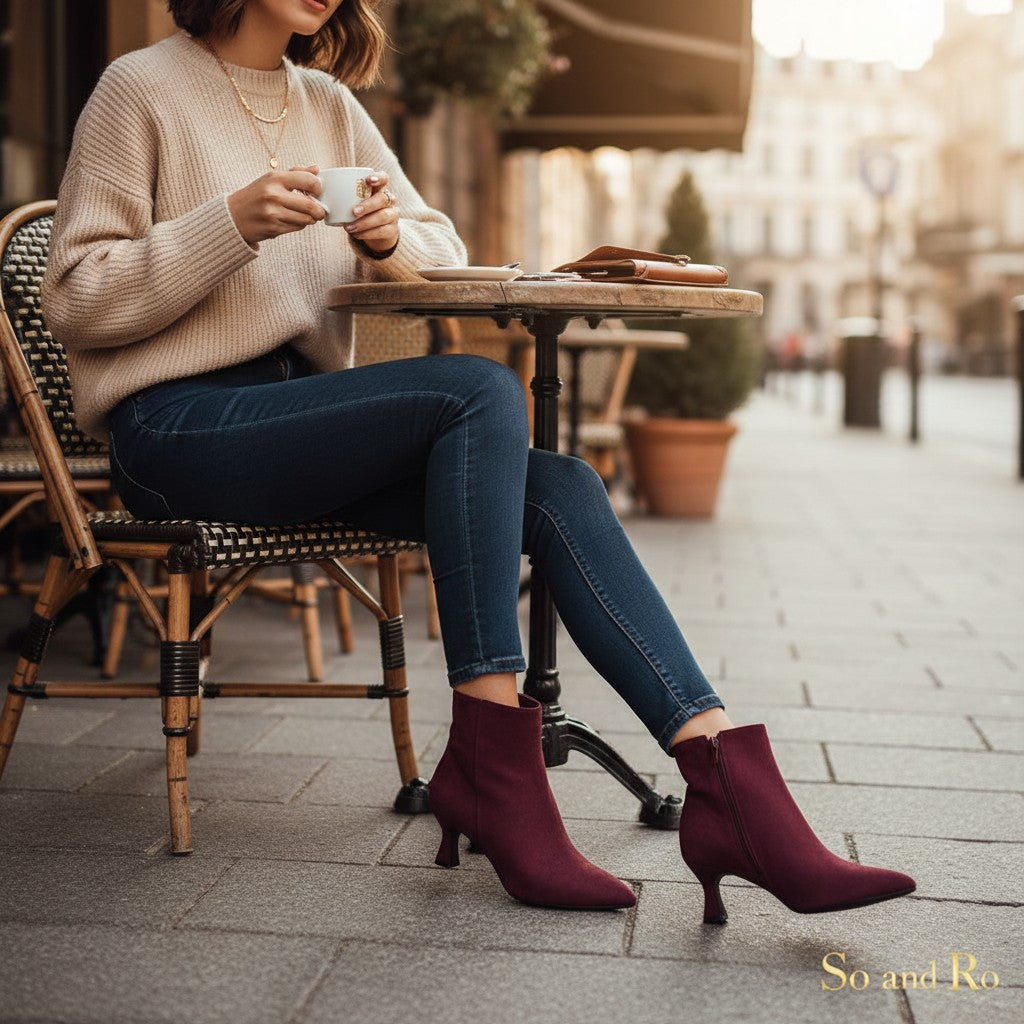 So and Ro - shoes and more - Caroline rode enkellaarsjes van microsuède met kitten heel en spitse neus op terras