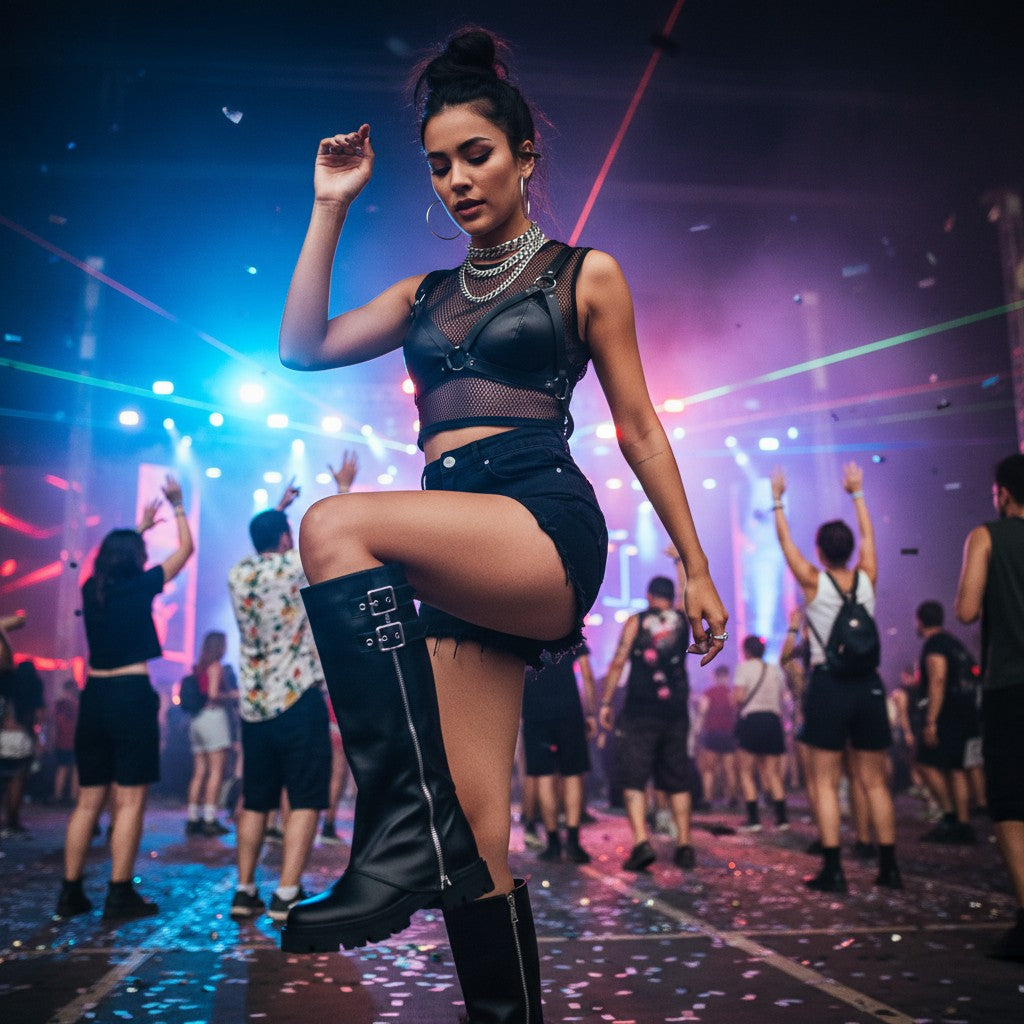 So and Ro - shoes and more - Saar kniehoge zwarte PU-leren laarzen met zilveren gespen en rits op een techno-festival