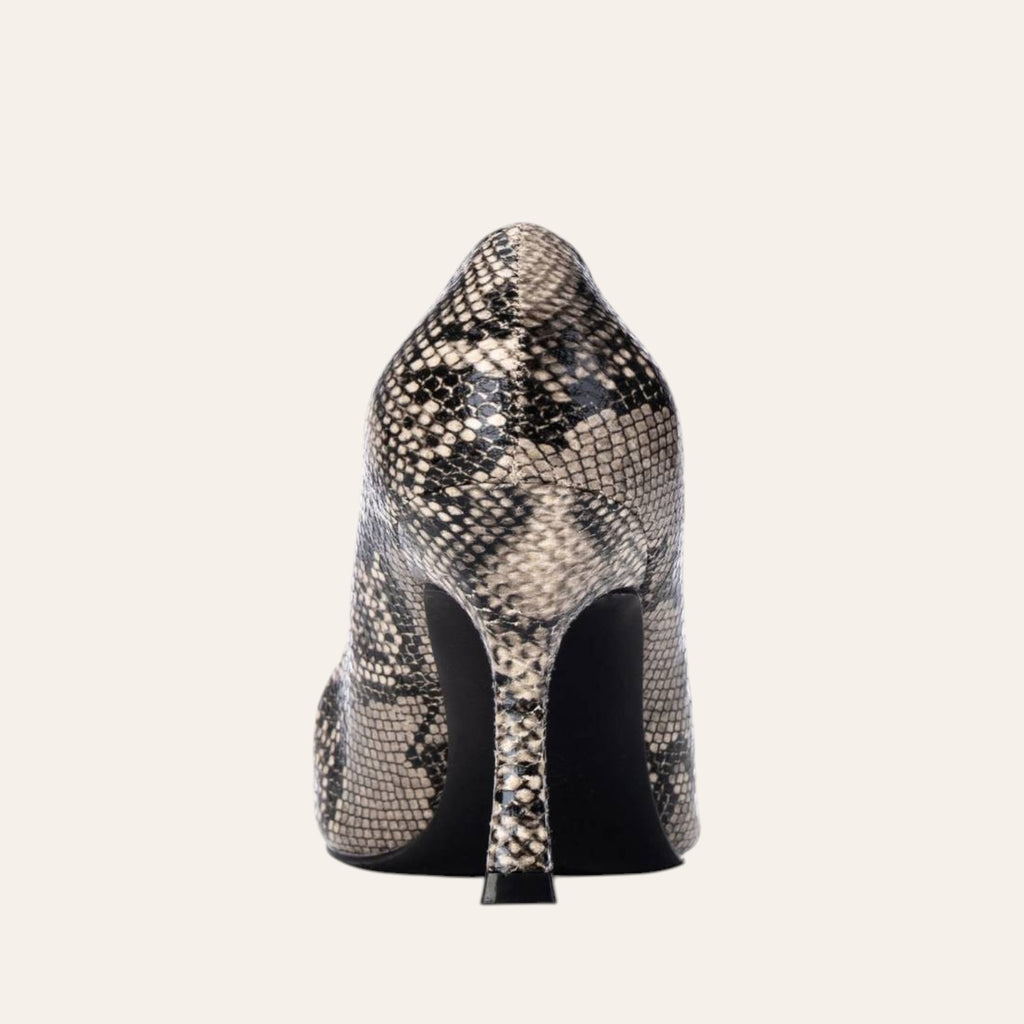 So and Ro - shoes and more - Stephanie stiletto pump in a black, beige, and taupe snake print leather-look finish
