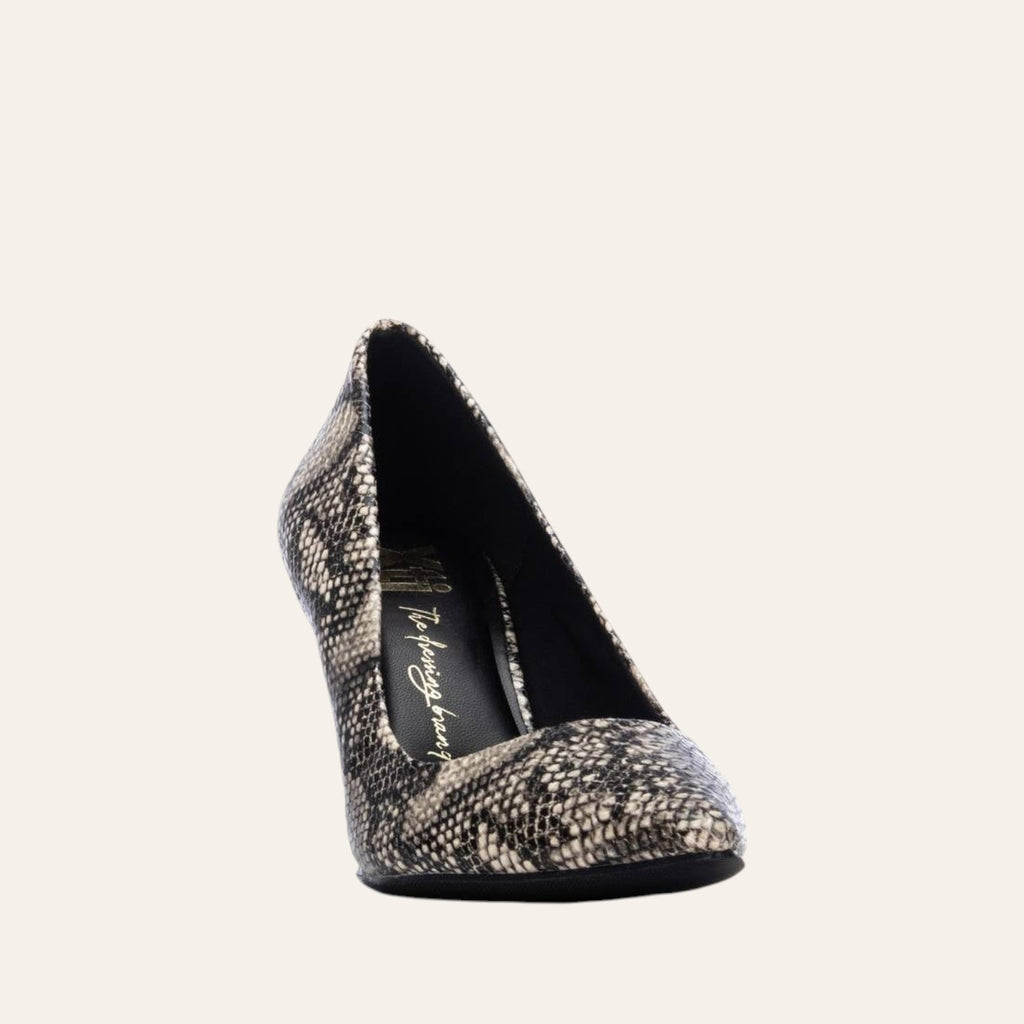 So and Ro - shoes and more - Stephanie stiletto pump in a black, beige, and taupe snake print faux leather finish.